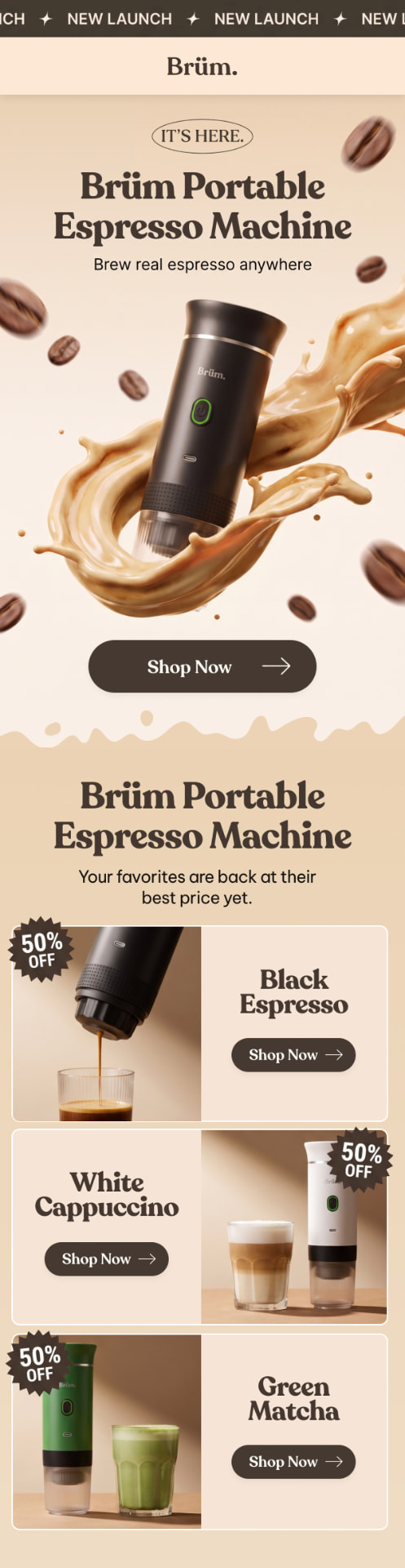 Brüm new launch espresso machine email