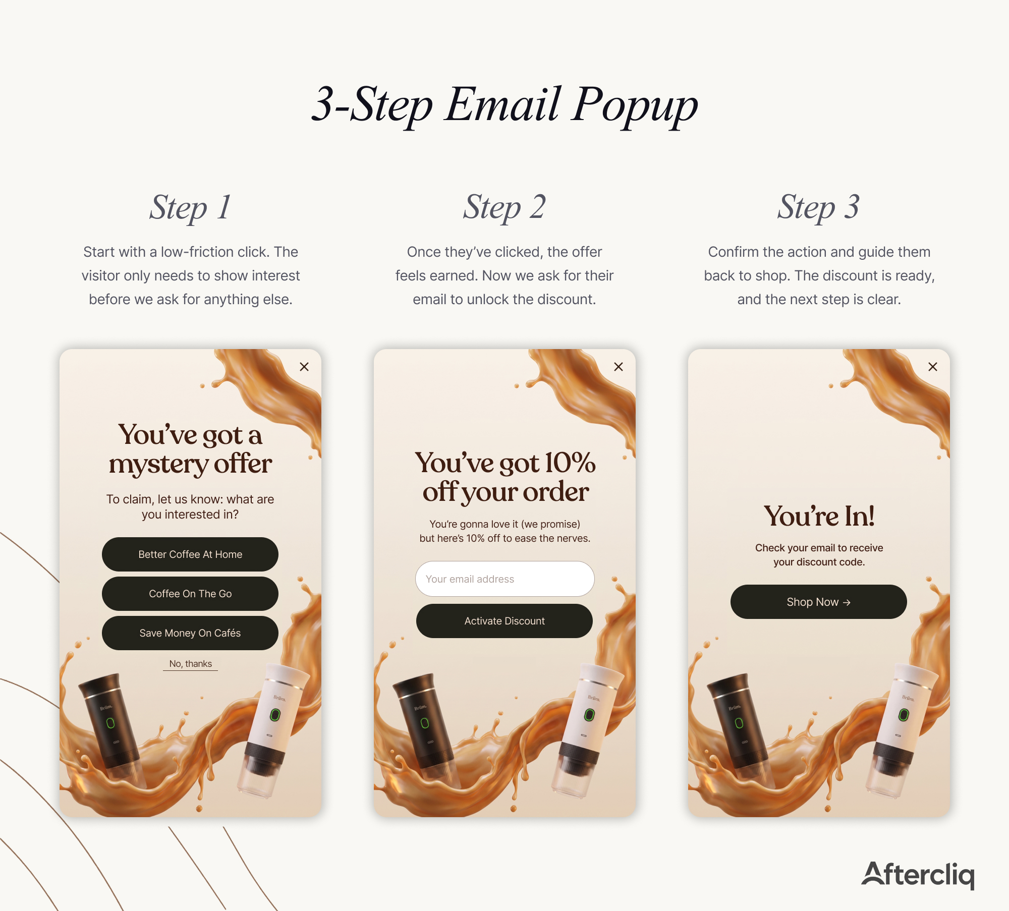 Brüm 3-step email popup flow